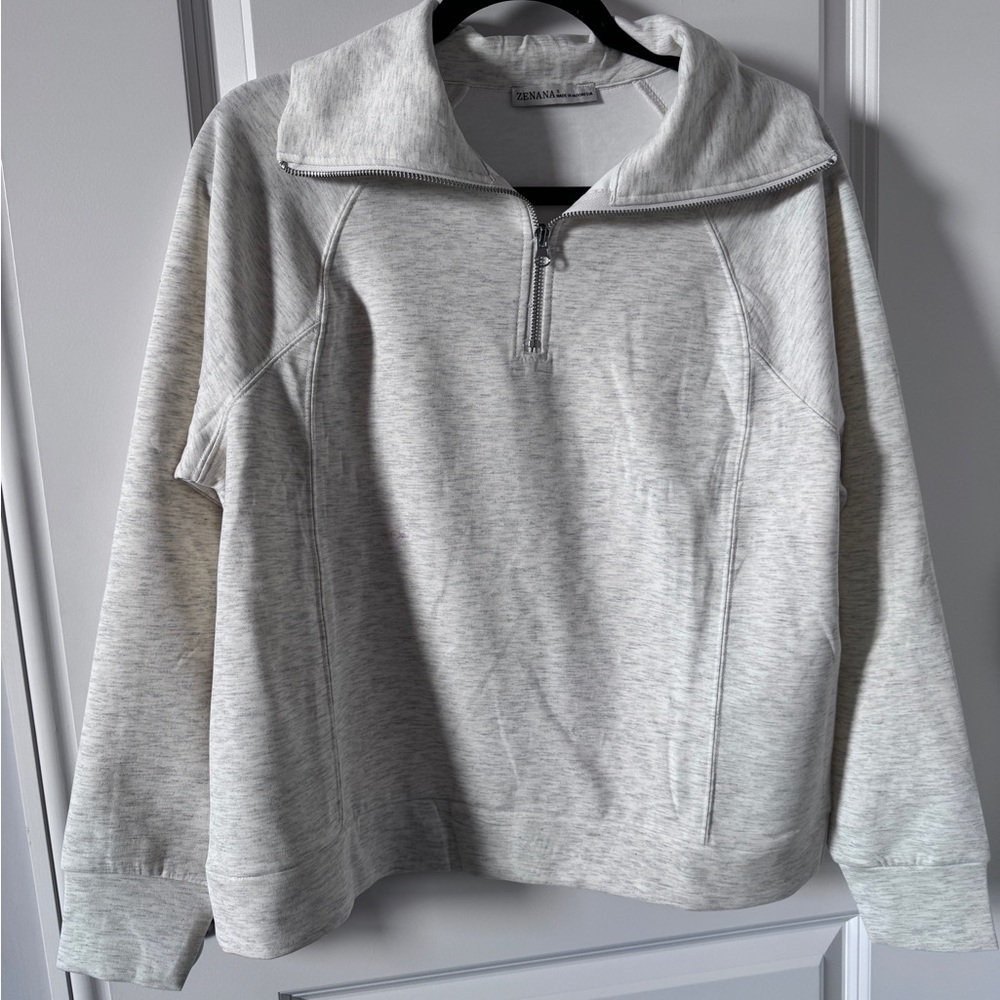 NWOT-Zenana Outfitters Heathered Cream Half-Zip Sweatshirt & Joggers Set-Small - Picture 2 of 7